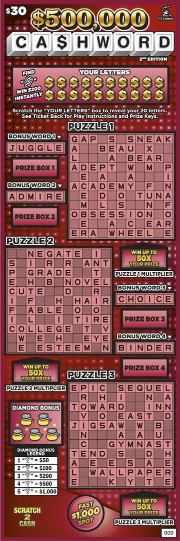 $500,000 CASHWORD 2nd EDITION scratch ticket — sample view