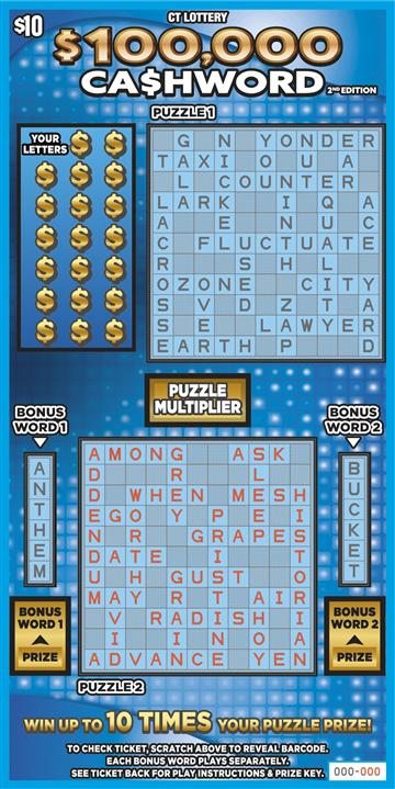 $100,000 CA$HWORD 2nd Edition scratch ticket — sample view